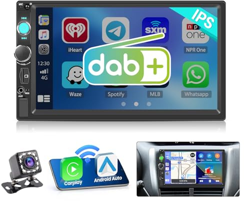 Hikity Dab Radio Coche 2 DIN 7 Pulgadas IPS Pantalla Táctil con Función de Salida de Video, 2DIN Radio Bluetooth con Carplay Android Auto inalámbrico Radio FM EQ SWC USB TF AUX Mic+Cámara Trasera