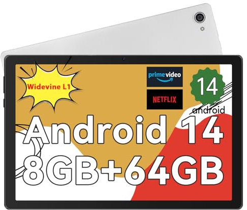 Laptok Tablet 10 pollici Android 14 Tablet con Octa-Core, Face ID, 8GB+64GB+1TB Espansione, 1280*800 HD IPS Touchscreen, tablet Android con WiFi 6 BT5.3, Doppia Fotocamera 5MP+8MP, Widevine L1(Bianco)