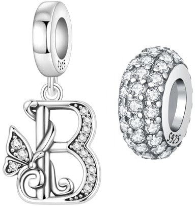 PANPOKI 2 Colgantes de letra de plata del alfabeto inicial para pulseras, colgantes, joyas, pulseras europeas, collares, joyas, regalo para mujer, Plata de ley (B-Traje)