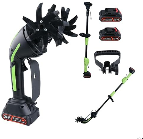 24V 2-in-1 Cordless Tiller Cultivator, 4-Inch Tilling Width and Depth, Handheld with Extension Rod, 235 RPM Electric Garden Tiller, Lightweight 1.2kg Body, 2 Ă 1.5Ah Batteries & Charger (24V-Green)