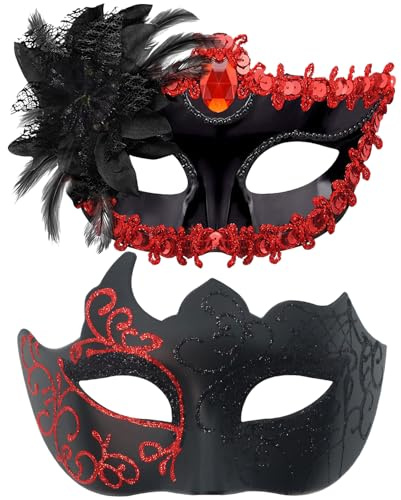 YRPACFB Couple Masquerade Masks Set, Venetian Party Mask, Halloween Costume Masks, Carnival Mardi Gras Costume Party Dress-Up Accessories for Men and Women -2PCS （Red）