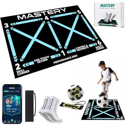Mastery Skills - Tappetino da allenamento per calcio e allenamento di calci con app Mastery – Tappetino da gioco per piedi 90 x 60 cm, regalo per ragazzi | Pro Dribbling Ball Control e giochi