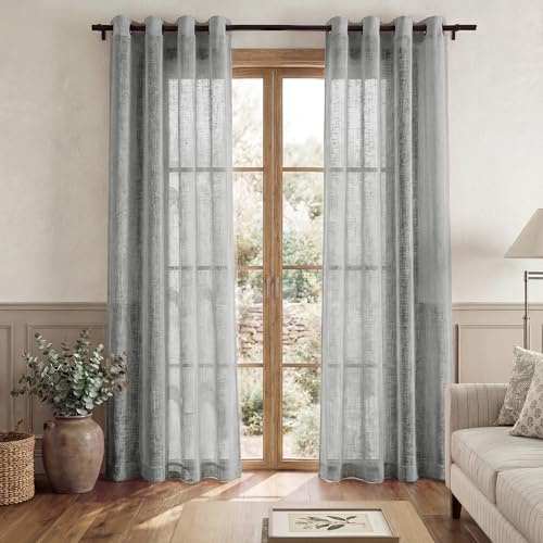 PONY DANCE Grey Voile Curtains - Window Net Curtains Eyelet Top Sheer Panels Privacy Protected for Bedroom/Nursery Room/French Door, Set of 2, 52-inch Wide by 84-inch Drop, Dark Grey