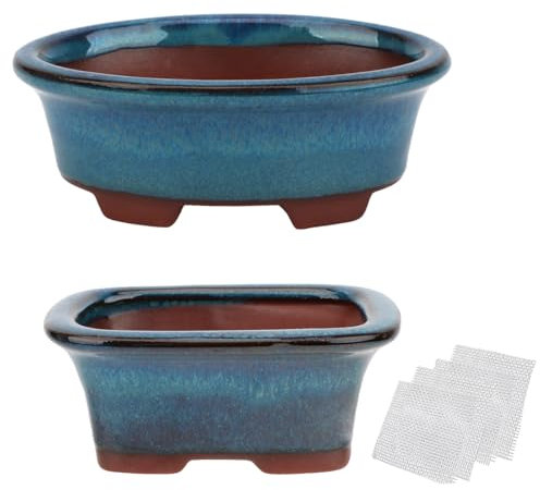 happy bonsai Set di 2 vasi piccoli smaltati + 4 reti di drenaggio morbide