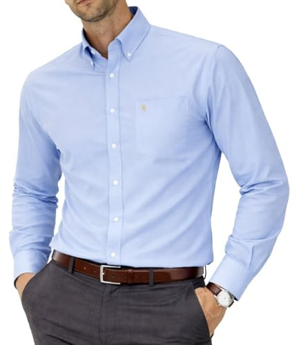Chemise Oxford à manches longues pour hommes, Col boutonné et poche, Weekend de travail de bureau décontracté à l'anglaise. The English Oxford by Janeo British Apparel. (Plain Ocean Blue, MD)