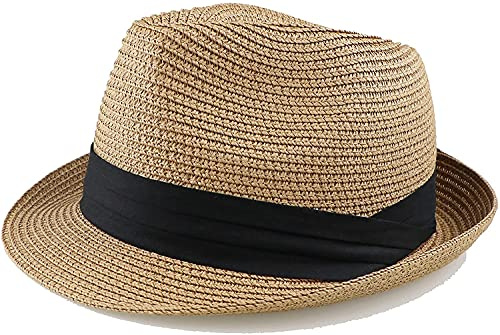 Kids Fedora Straw Sun Beach Fedora Hat Floppy Short Brim for Boys Girls(20.5 for 2-5T; 21.26 for 5-8T) Khaki