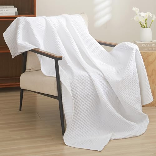 PHF 100% bomull våffelväv överkast 127 cm x 152 cm lätt tvättad mjuk andningsbar filt för vuxna och barn – perfekt filtlager för bäddsoffa soffa – elegant heminredning – vit