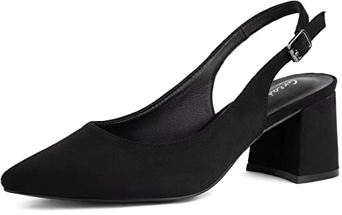 Greatonu Women's Pointed Toe Slingback Court Shoes Block Heel Ladies Pumps Ankle Strap Dress Shoes Black Size 5