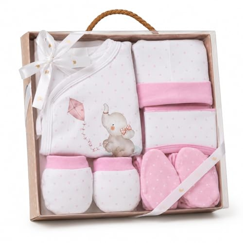 various Set Regalo Primera Puesta Bebé 5 Piezas,Diseño Elefante Rosa