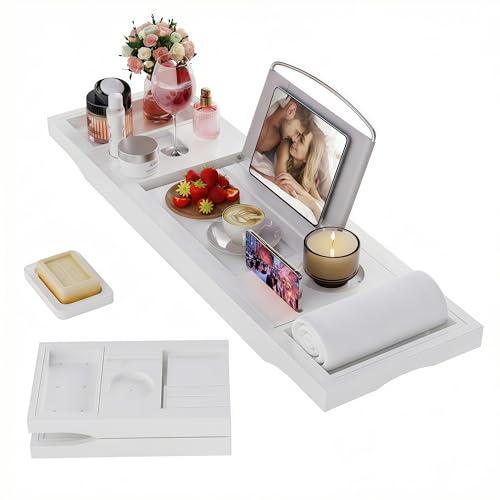 Foldable Bathtub Caddy Tray, Bamboo Bath Tub Tray Table for Tub with Wine Glass Holder Book Phone Tablet Holder with Extending Sides, Adjustable Bathroom Bathtub Free Soap Holder Gift Idea (White)