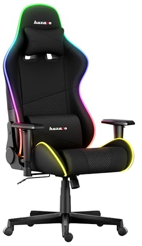 huzaro Force 6.2 RGB Mesh - LED Beleuchtung Gaming Stuhl Bürostuhl Schreibtischstuhl Stoff Carbon - bis 130 kg belastbar - Höhenverstellbar Kopfstütze Lendenstütze Ergonomischer - Schwarz Mesh