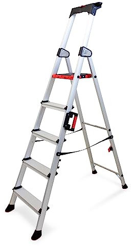 Keli - Escalera Plegable, Escalera, Caminante, Aluminio Resistente, Calidad Profesional, asa de Transporte, Soporte para Herramientas ABS Desplegable... (5 Pasos)