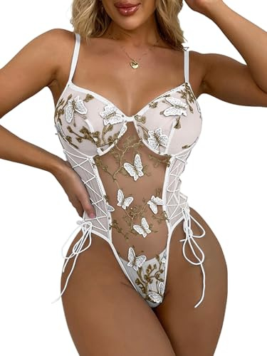 Lilosy Women Sexy Lace Up Butterfly Embroidered Teddy Babydoll Lingerie Bodysuit Top Mesh Sheer One Piece See Through Light Butterfly White Medium