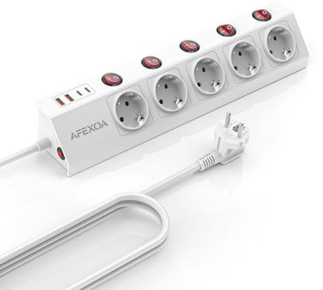 5 Fach Steckdosenleiste mit USB Einzeln Schaltbar, Weiße Mehrfachsteckdose (3680W/16A) mit 2 USB-C und 2 USB-A, Schnelllade, Überspannungsschutz Steckerleiste mit Kindersicherung für Homeoffice