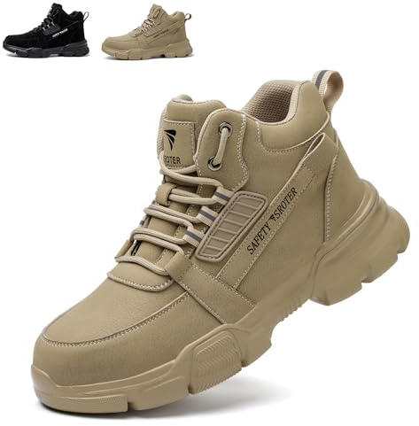 SROTER Steel Toe Cap Boots Men Women Work Boots Waterproof Safety Trainers Lightweight Safety Shoes Non-Slip, Khaki, 10 UK
