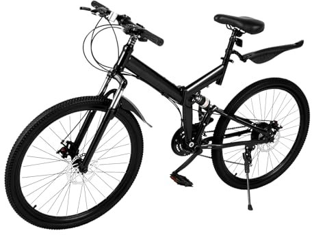 OUKANING 26 Zoll Mountainbike Klappfahrrad Erwachsene Unisex, Kohlenstoffstahl Trekkingrad Klapprad Faltrad 21 Gang, Hintere Stoßdämpfer, Doppelscheibenbremse, Geschenk