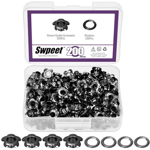 Swpeet Lot de 200 œillets en métal pour réparation de toile, cuir, rideaux - 3/16 (5 mm) - Noir