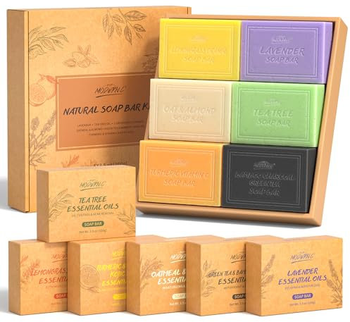 Set regalo saponette naturali, 6 pezzi Sapone da bagno, Sapone biologico per uomini e donne, Sapone viso e corpo, Lavanda, Mandorla Avena, Curcuma Acido cogico, Carbone di bambù, ecc. 6x100g