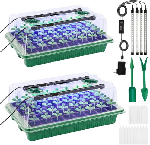 Seed Starter Tray with Timed Grow Light, 2 Pack 80 Cells Plant Starter Tray Seedling Starter Kit with Humidity Domes Base Indoor Mini Greenhouse Plant Germination Trays for Seeds Growing Starting