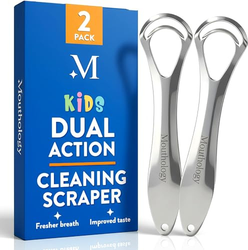 Mouthology Tongue Scraper for Kids (2 Pack), Stainless Steel Tongue Cleaner (Reduce Bad Breath), Metal Tongue Scrubber for Children, Improve Oral Health