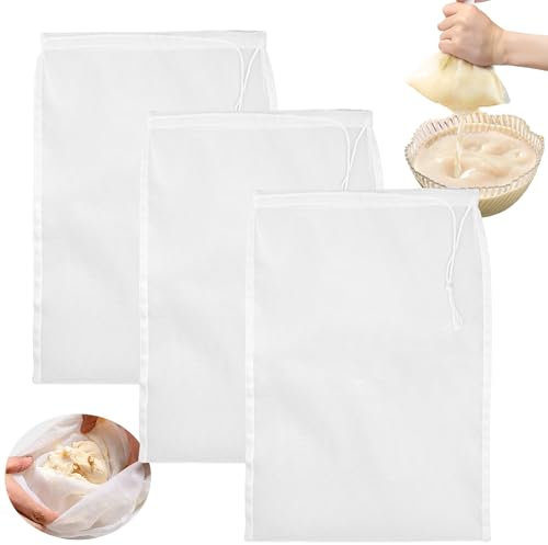 Aerzouser 3 Pièces Nut Milk Bag，30 x 20 cm，Sac à Lait Végétal en Nylon Avec Cordon de Serrage, Sac à Lait, étamine Alimentaire pour Filtrer le Lait de Noix, Les jus de Fruits et de Légumes(3 Pièces)