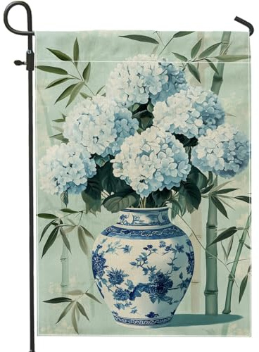 Bandera de jardín de hortensias de verano, jarrón floral azul, pancarta de decoración del hogar, bandera de arpillera de doble cara, decoración de césped al aire libre, obras de arte vibrantes de