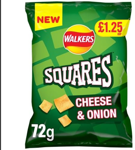Walker Squares Crisps (18 x 72g Sharing Bags, Cheese & Onion) Potato Snacks With Angles