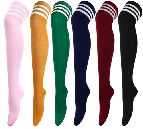 DRESHOW 6 Pares Calcetines Hasta la Rodilla para Mujer, Raya Escuela de Cosplay Casual Sobre la Rodilla Medias Hasta el Muslo Calcetines Largos
