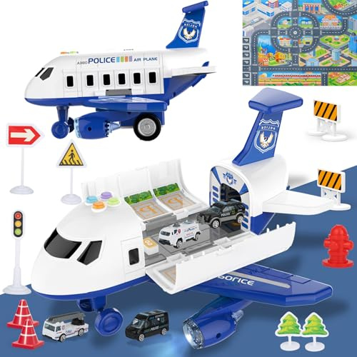 Aereo Giocattolo per Bambini 2-5 Anni con Luci,Suoni e 4 Macchina Auto,Trasportatore di Aerei Aeroplani,Compleanno di Natale Regalo Bambino e Bimbo di 2 3 4 5 Anni
