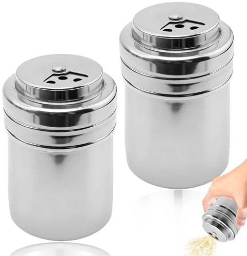 ATTEEFI 2 Pezzi Agitatore per Spezie in Acciaio Inossidabile, Grande Spargisale per Campeggio, Argento Dispenser con Fori per Zucchero, per Pepe, Cannella e Peperoncino in Polvere
