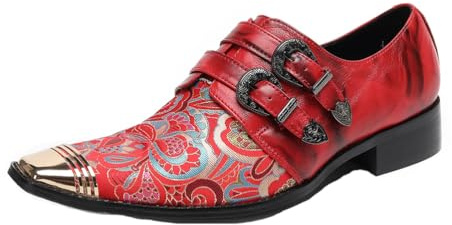 Yhsdfcn Bröllopsskor för Herrar Lyx - Äkta Läder med Brokadbroderi - Handgjorda Double Monkstrap-skor med Metalltå