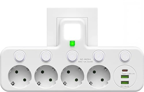 Regleta de Enchufe de Pared con 4 Tomas Europeas, Adaptador con USB C y 2 USB A, Ladrón de Enchufe con Interruptores Independientes para Hogar y Oficina