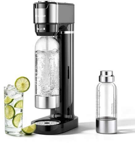 LLIVEKIT Gasatore d’acqua con 4 Livelli di Effervescenza, Gasatore Manuale con Bottiglie in PET senza BPA da 0,5 L e 1 L, Corpo in Acciaio Inox, Doppia Valvola di Sicurezza, Nero