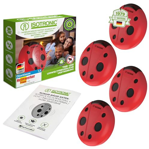 ISOTRONIC Mäuseabwehr Ultraschall Ratten- und Mäusevertreiber | mobiler Mäuseschreck incl. LED Orientierungslicht und Lautstärkenregelung - 4 Stück
