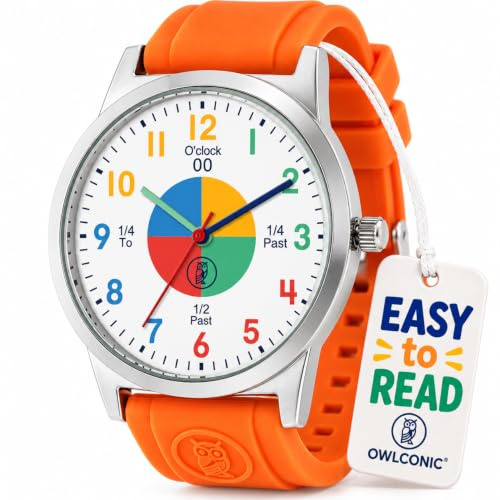 Kids Analog Watch for Boys Girls, Orange, Learn to Tell Time, School Gift
