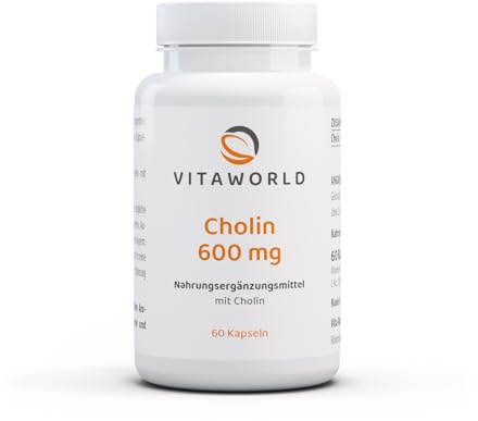 Vita World Choline 600mg 60 Capsules Vegan Free from Additives Natural, High Bioavailability 600mg Per Daily Dose Made in Germany