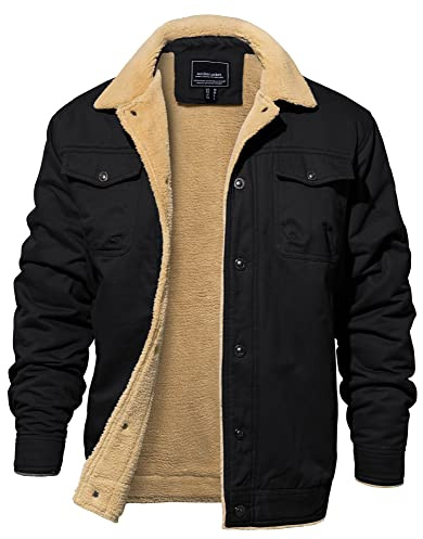 EKLENTSON Mens Winter Coats Thick Thermal Warm Fleece Lined Lapel Cargo Work Jackets Men, Black, Small