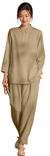 KSUA Uniformes d'arts martiaux de Kung Fu pour femme Tai Chi Vêtements chinois traditionnel zen méditation costume exercices du matin Tenue, marron, S