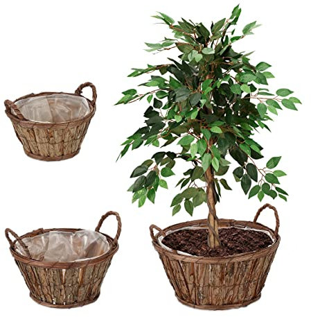 Relaxdays Set 3 Macetas, con Corteza, para Flores y Hierbas, Cesta Plantas con Forro, 3 Tamaños, Cestos Madera, Natural