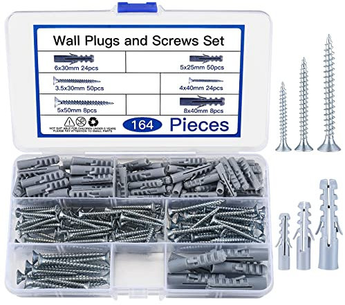 164 Pcs Screws and Wall Plugs Set(82 x Wall Raw Plugs, 82 x Plasterboard Fixings Screw), Masonry Brick Concrete Wall Fixings Self Drilling Screws and Wall Plug Anchor Bolts, M3.5/M4/M5/M6/M8