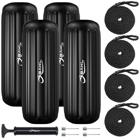 OBAKL Boat Fenders 4 Pack 10 x 28 Inches Ribbed Center Hole Boat Fenders Bumpers for Docking, Comes with Ropes and Pump to Inflate(Black)
