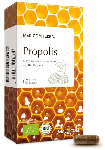 Medicom – Propolis, Gereinigte Propolis Kapseln, Natürlicher Bienenharzkomplex für die Stärkung der Gesundheit, Vitamine, Spurenelemente, Ätherische Öle – 60 Kapseln