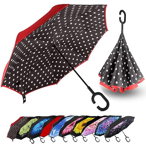 MRTLLOA Regenschirm, doppellagig, übergroßer, winddichter, umgekehrter Regenschirm, C-förmiger Griff für Herren, Damen und Kinder, 101,6 cm, 124,5 cm, 142,2 cm (Rot, gepunktet, 142,2 cm)