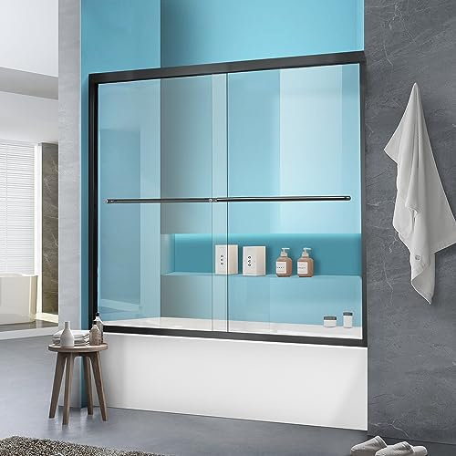 Bathtub Shower Door, 56-60 W×58 H Framed Double Sliding Glass Shower Door for Bathroom, 1/4(6mm) Thick Clear Tempered Glass Door with Handles, Matte Black Finish