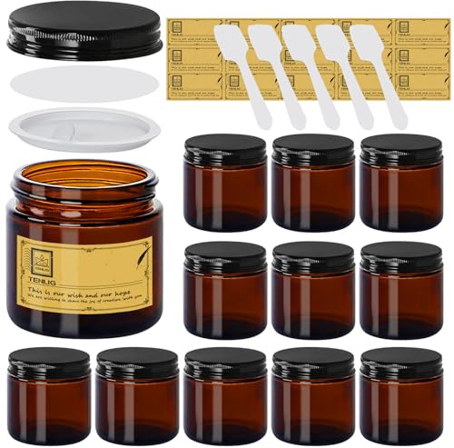 TENLIG 4 oz Glass Jars with Lids,Amber,12 Pack Empty Cosmetic Containers with Inner lids and Inner Liners,Black Metal Lid,Refillable Round Airtight Jars,Use to store Lotion,Powders,Candle Making