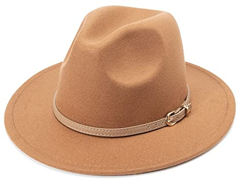 DRESHOW Sombrero de ala ancha Fedora para mujer Hebilla de cinturón Retro Panamá Floppy Hat