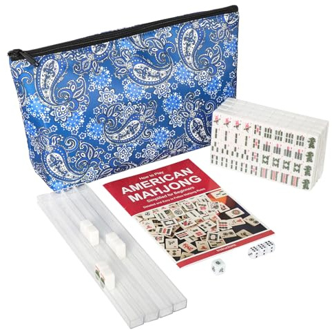 GUSTARIA Mini Mahjong Set, American Mahjong Game Set with 166 White Tiles (0.8’’), 4 Racks & Thickened Blue Printed Bag, Portable Travel Mahjong Tiles Set