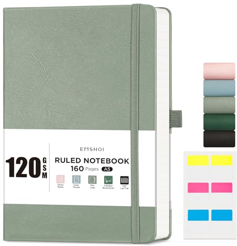 EMSHOI A5 Notebook Lined Journal - 120 GSM Paper Hardcover Notepad for Work, 160 Pages College Ruled Note Book, Leather Writing Journal for Women, Men, Work, School, 14.5 X 21 cm - Light Green