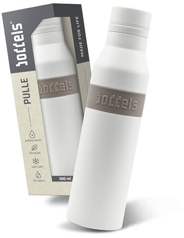PULLE Edelstahl Trinkflasche 500ml - spülmaschinenfest, 100% auslaufsicher, leicht zu reinigen, Kohlensäure geeignet, 24h kalt & 12h warm, recycelter Edelstahl (Weiß/Taupe, 500ml)