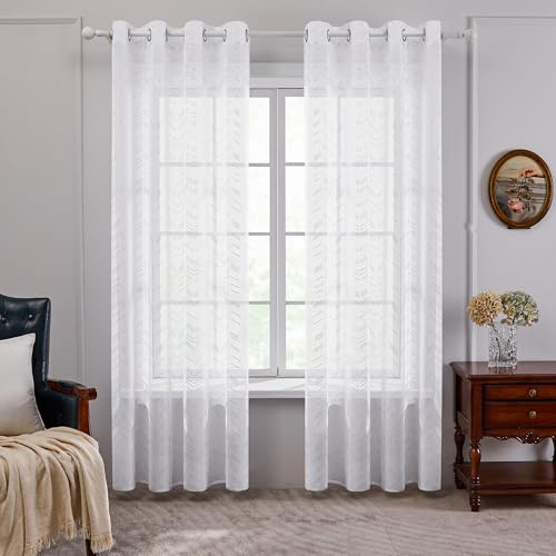 Deconovo Tenda semitrasparente con occhielli, per soggiorno, stile moderno, motivo a linee, per camera da letto, balcone, 290 x 140 cm (altezza x larghezza), bianco, set da 2 pezzi